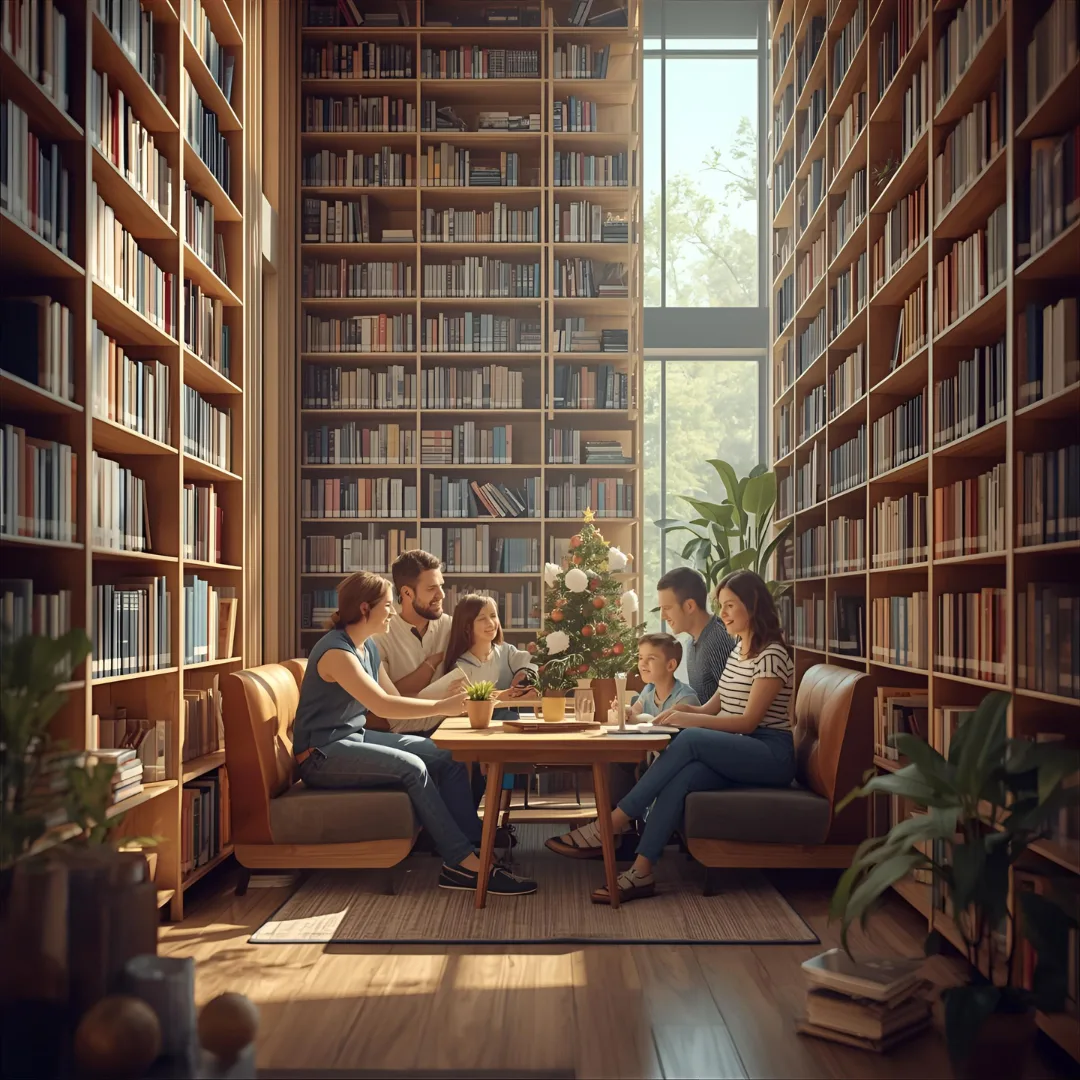 family in library